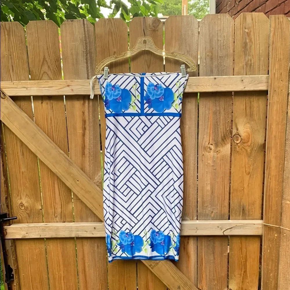 Blue and White Geometric Floral Dress